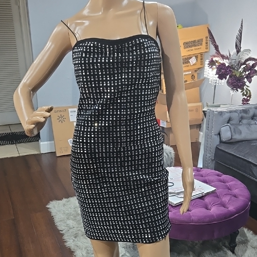 Silver and Black Sequin Embellished Mini Dress